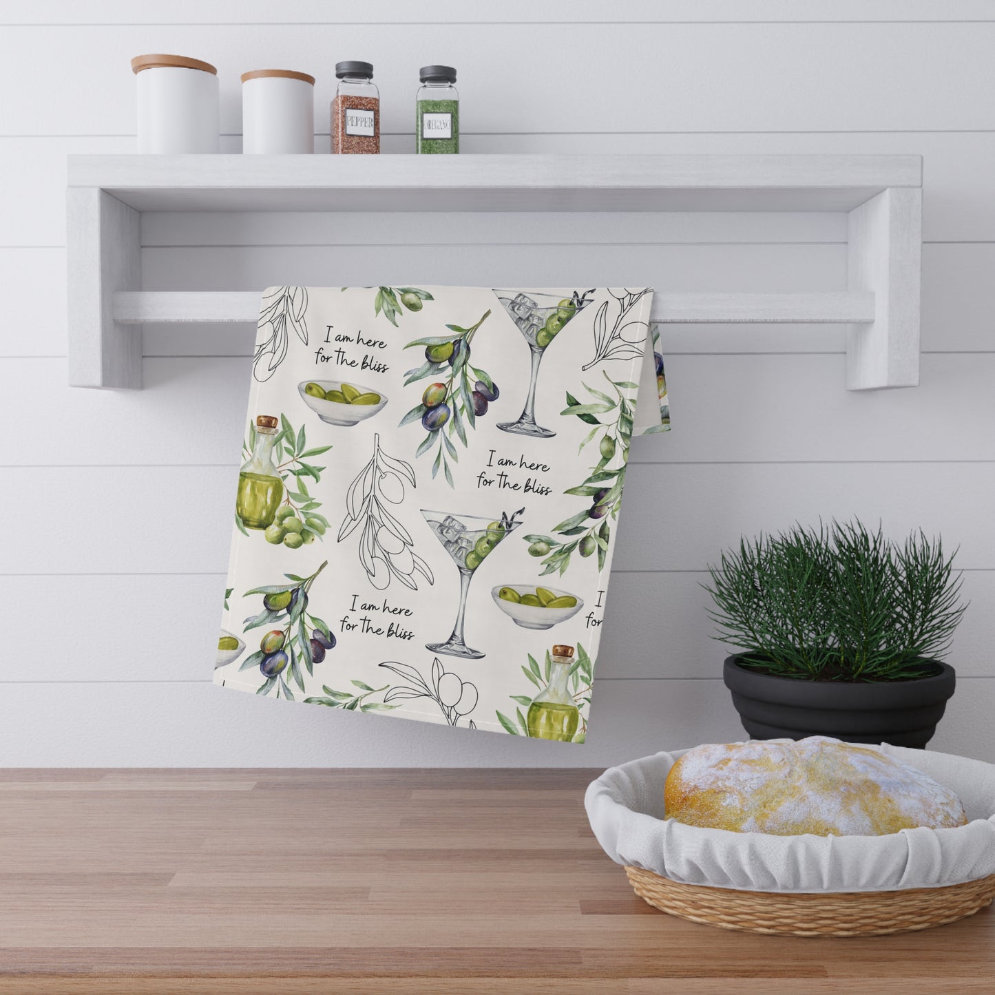 Here For The Bliss Tea Towel Olive Design